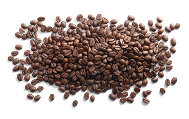 Pile of roasted coffee beans isolated on white, top view