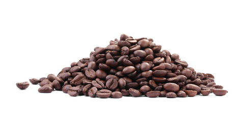 Pile of roasted coffee beans isolated on white