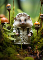 Obraz premium small prickly hedgehog in a jacket, urchin tourist, forest, hike, fairy-tale character, nature, traveler, fantasy, toy, wild animal