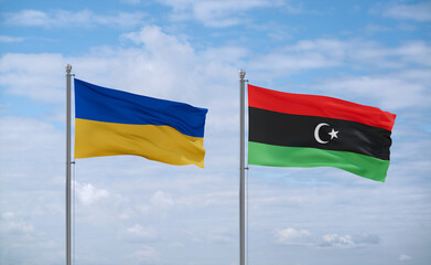 Libya and Ukraine flags, country relationship concept