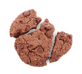 Broken chocolate chip cookie isolated on white, top view