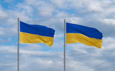 Two Ukraine flags, country relationship concept