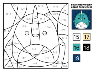 Narwhal. Solve the problem, color the picture. Addition Subtraction Coloring book Vector