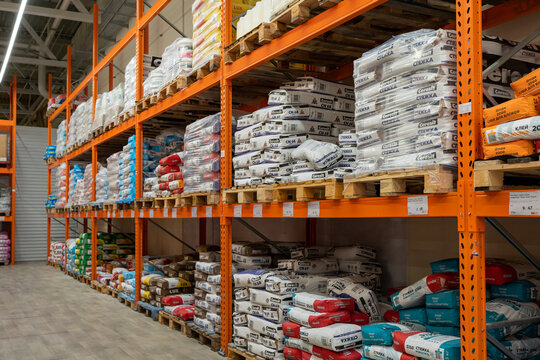 Large selection of building materials are sold in hardware store. Warehouse for wholesale and retail trade in building materials. Goods for construction and repair. Minsk, Belarus, October 3, 2023