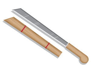 vector of a machete or single-edged sword made of iron with a brown hilt or grip made of wood and a scabbard below which is also made of wood