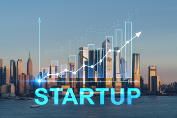 New York City skyline from New Jersey over Hudson River, Hudson Yards skyscrapers at sunset. Manhattan, Midtown. Startup company, launch project to seek and develop scalable business model, hologram