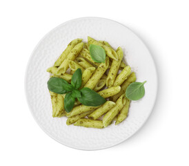 Delicious pasta with pesto sauce and basil isolated on white, top view