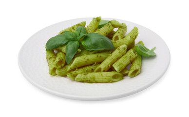 Delicious pasta with pesto sauce and basil isolated on white