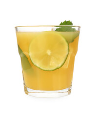 Glass of tasty pineapple cocktail with mint and lime isolated on white