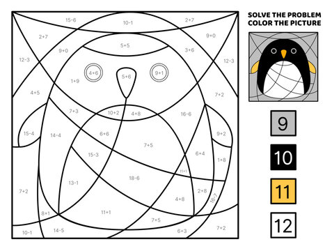 Penguin. Solve the problem, color the picture. Addition, Subtraction Coloring book Vector