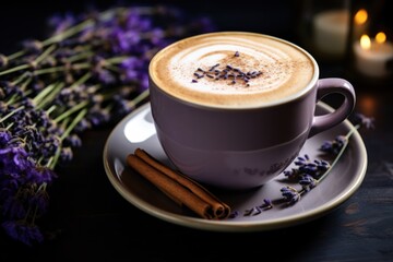 Homemade raf coffee with lavender and cinnamon on dark background. Close up.