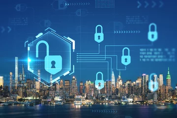 Abwaschbare Fototapete Vereinigte Staaten New York City skyline from New Jersey over the Hudson River with the skyscrapers at night, Manhattan, Midtown, USA. The concept of cyber security to protect confidential information, padlock hologram