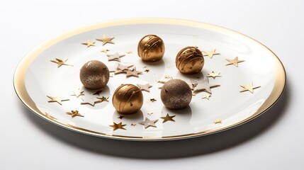  a white plate topped with four chocolates covered in gold stars.  generative ai
