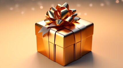 A gold gift box with a bow on top of it