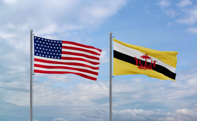 Brunei and USA flags, country relationship concepts
