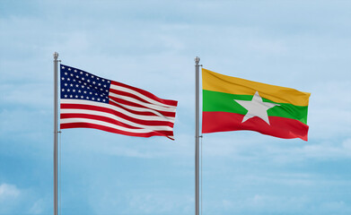 Myanmar Faso and USA flags, country relationship concept