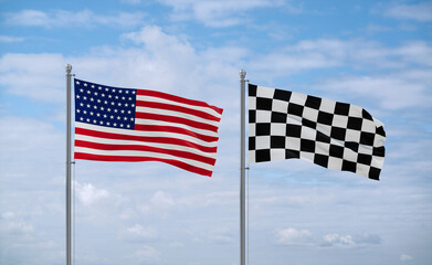 Checkered racing and USA flags, country relationship concept