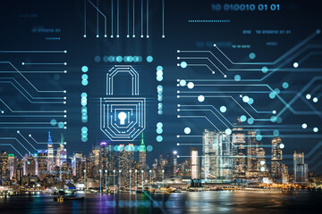 New York City skyline from New Jersey over the Hudson River with Hudson Yards at night. Manhattan, Midtown. The concept of cyber security to protect confidential information, padlock hologram - obrazy, fototapety, plakaty