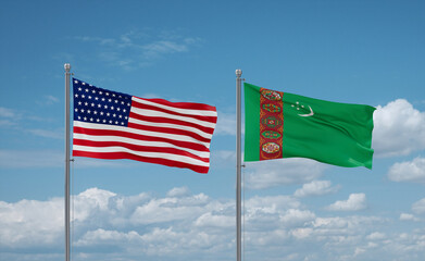 Turkmenistan and USA flags, country relationship concept