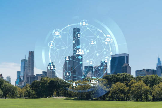 Green lawn at Central Park and Midtown Manhattan skyline skyscrapers at day time, New York City, USA. Social media hologram. Concept of networking and establishing new people connections