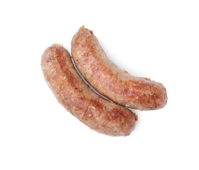 Two tasty homemade sausages isolated on white, top view