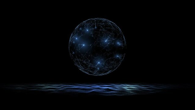Dark 3d digital sphere with waves loop motion on black background.