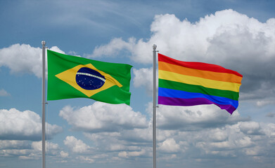 Gay Pride and Brazil flags, country relationship concept