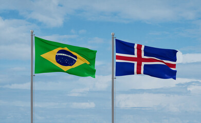 Iceland and Brazil flags, country relationship concept