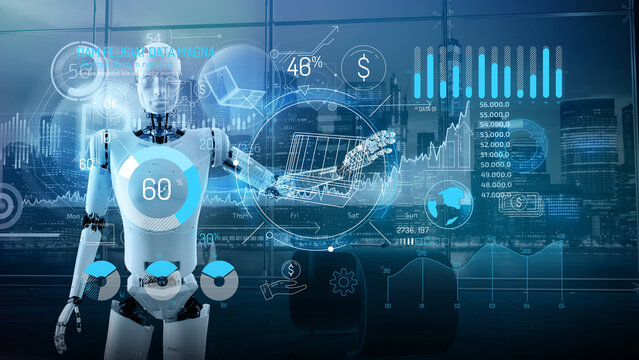 Artificial intelligence analyzes currency growth and exchange rates using a virtual interface.