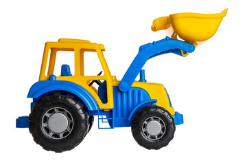 Toy tractor with lifting bucket, plastic toy for children, isolated on white background