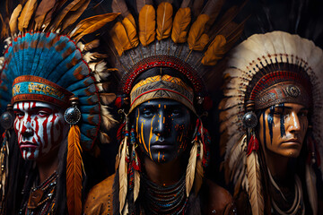 Three men in traditional red indian face painting and headdress. Generative AI - obrazy, fototapety, plakaty