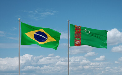 Turkmenistan and Brazil flags, country relationship concept
