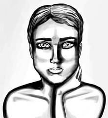 black and white drawing of a girl with watercolor face of a girl sad eyes bare shoulders of a girl