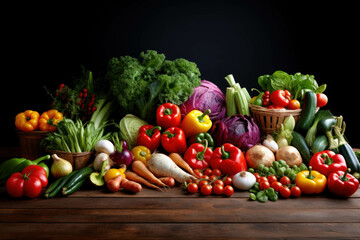 Composition with variety of raw organic vegetables on wooden table. Balanced vegetarian diet