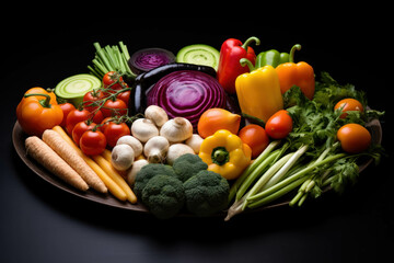 Composition with variety of raw organic vegetables on black background. Balanced diet.