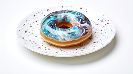  a donut with blue and white icing and sprinkles on a white plate.  generative ai