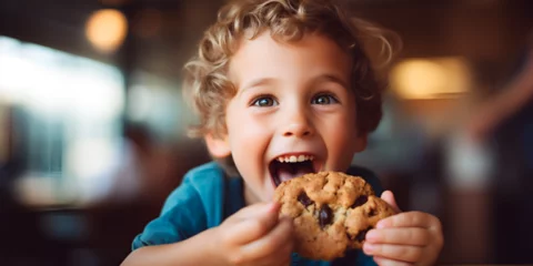 Meubelstickers Close up portrait of a happy toddler kid eating a fresh baked cookie, blurred background © TatjanaMeininger
