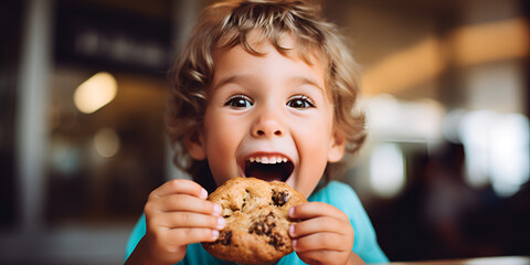 Close up portrait of a happy toddler kid eating a fresh baked cookie, blurred background - obrazy, fototapety, plakaty
