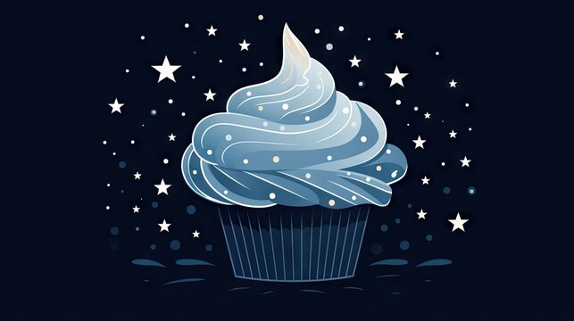  a cupcake with a blue frosting and stars on a black background.  generative ai