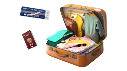 A travel suitcase, with clothes, shoes, passport, ready for an exciting adventure. PNG.