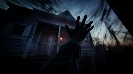 A creepy hand reaching out of a window at night
