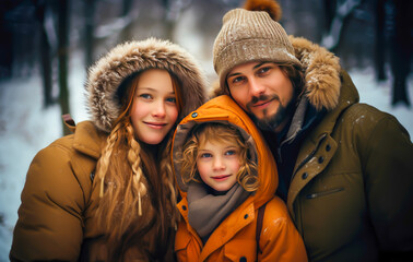 a family in winter is in the snow, warmly posing, it's snowing, - obrazy, fototapety, plakaty