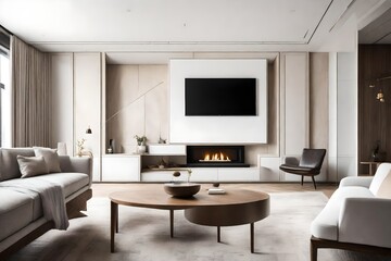 An asymmetrically designed modern TV room, where a Canvas Frame for a mockup rests on one side