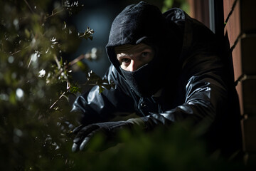 Masked burglar breaking into house at night - obrazy, fototapety, plakaty