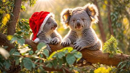 Cute cartoon koala wearing santa hat eucalyptus leaves