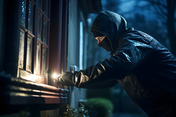 Masked burglar breaking into house at night - obrazy, fototapety, plakaty