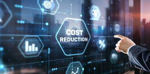 Fototapeta na wymiar Cost reduction business finance concept. Businessman clicks virtual screen