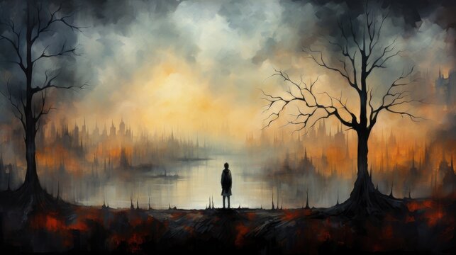 A painting of a person standing in front of a lake depression and despair.