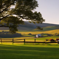 Fototapeta premium A peaceful countryside landscape with rolling hills and a rustic farmhouse1, Generative AI