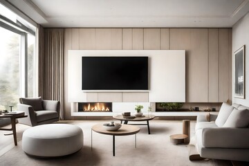 An asymmetrically designed modern TV room, where a Canvas Frame for a mockup rests on one side